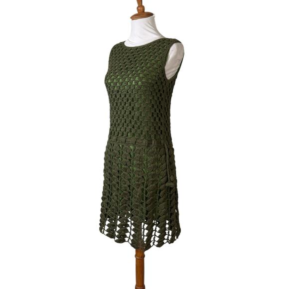Vintage 70s Handmade Green Crochet Boho Retro Mini Dress XS - Picture 5 of 8